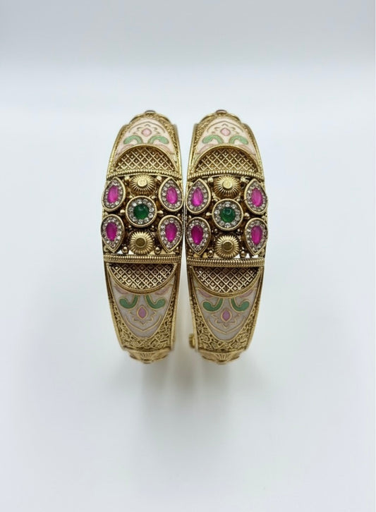 Royal Ruby & Emerald Kundan Meenakari Gold Bangles | Traditional Bridal Jewelry