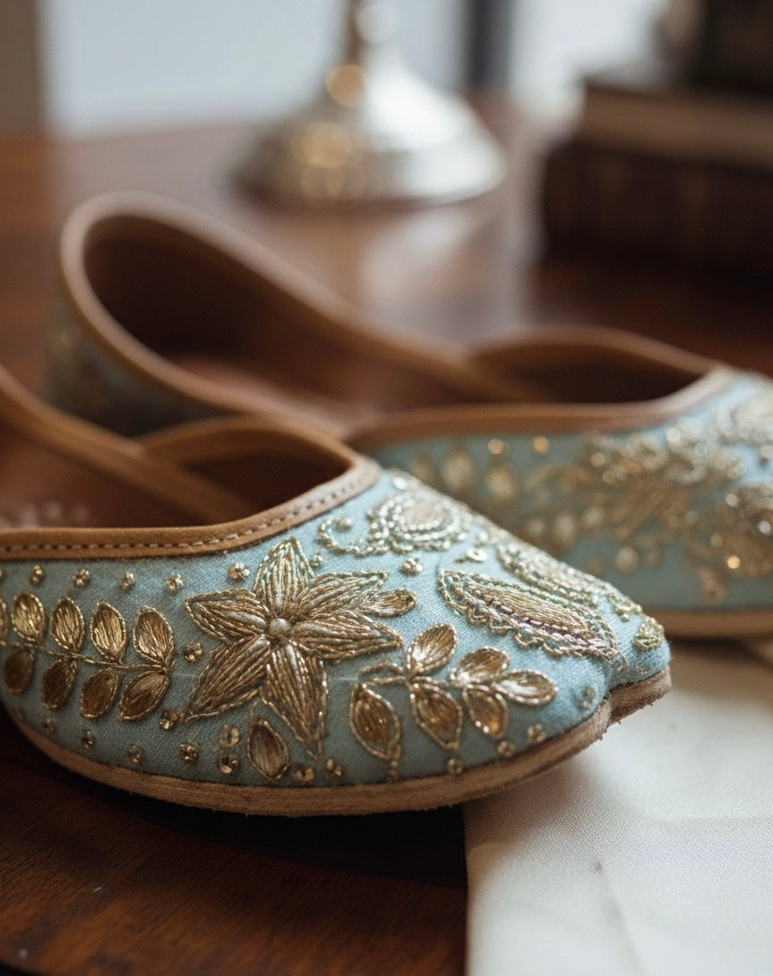 Hand-Embroidered Sky Blue Juttis | Gold Zari Ethnic Flats