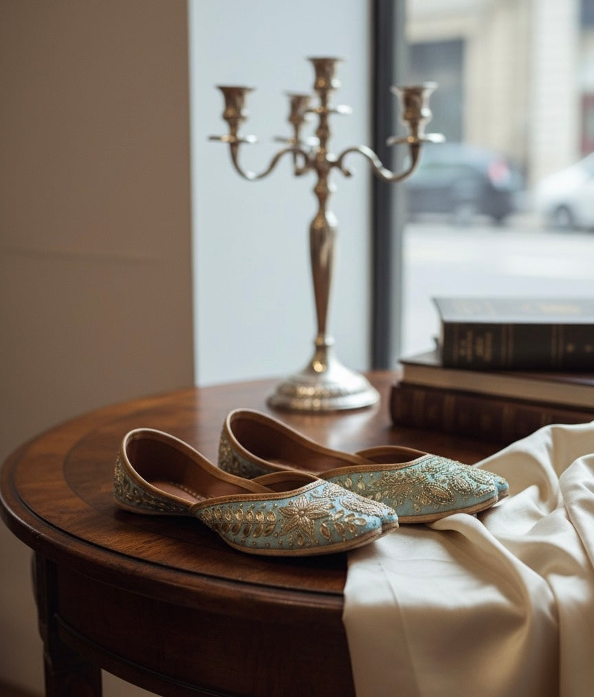 Hand-Embroidered Sky Blue Juttis | Gold Zari Ethnic Flats