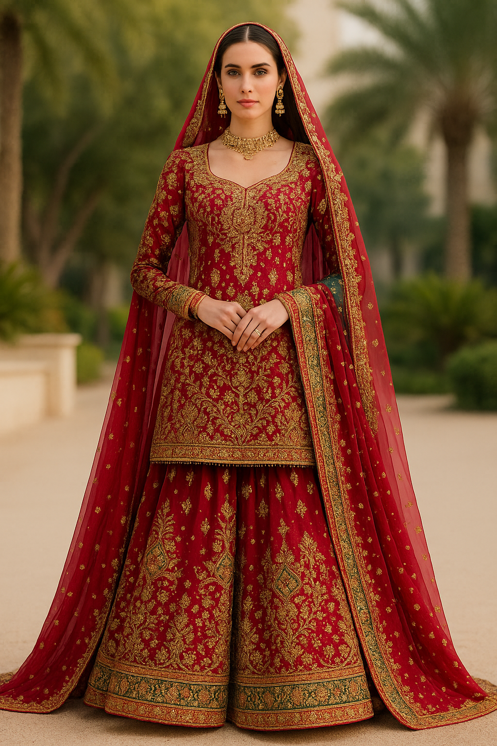 Royal Red Zari Embroidered Bridal Sharara Set
