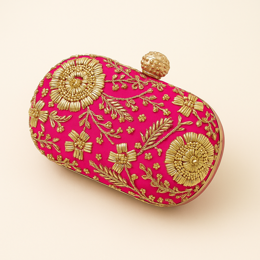 Pink & Gold Hand-Embroidered Floral Clutch