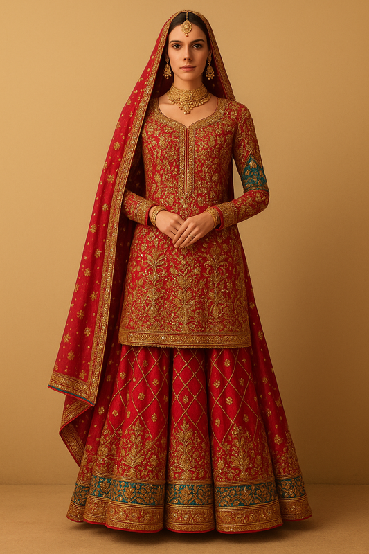 Imperial Red & Gold Handcrafted Bridal Ensemble