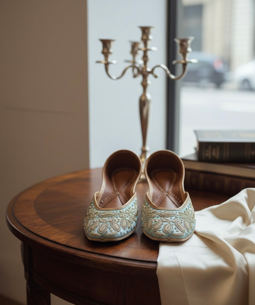 Hand-Embroidered Sky Blue Juttis | Gold Zari Ethnic Flats