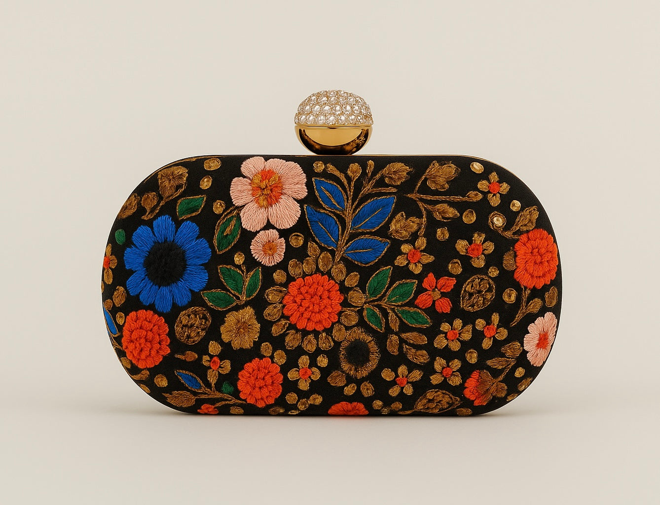 Black Floral Embroidered Clutch with Crystal Knob
