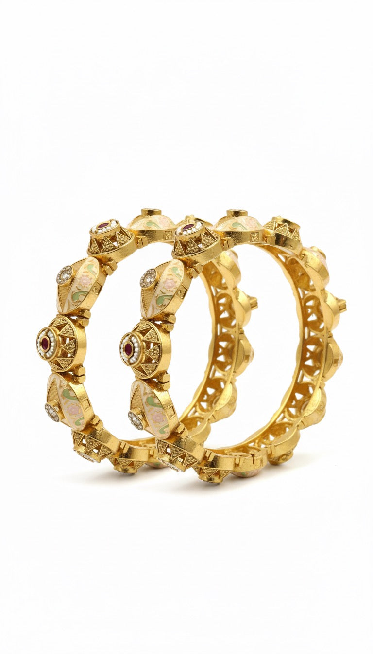 Royal Meenakari Gold Bangles – Ruby & Diamond Embellished (Set of 2)