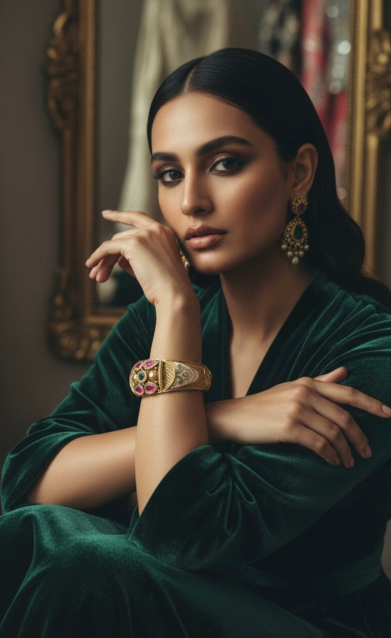 Royal Ruby & Emerald Kundan Meenakari Gold Bangles | Traditional Bridal Jewelry