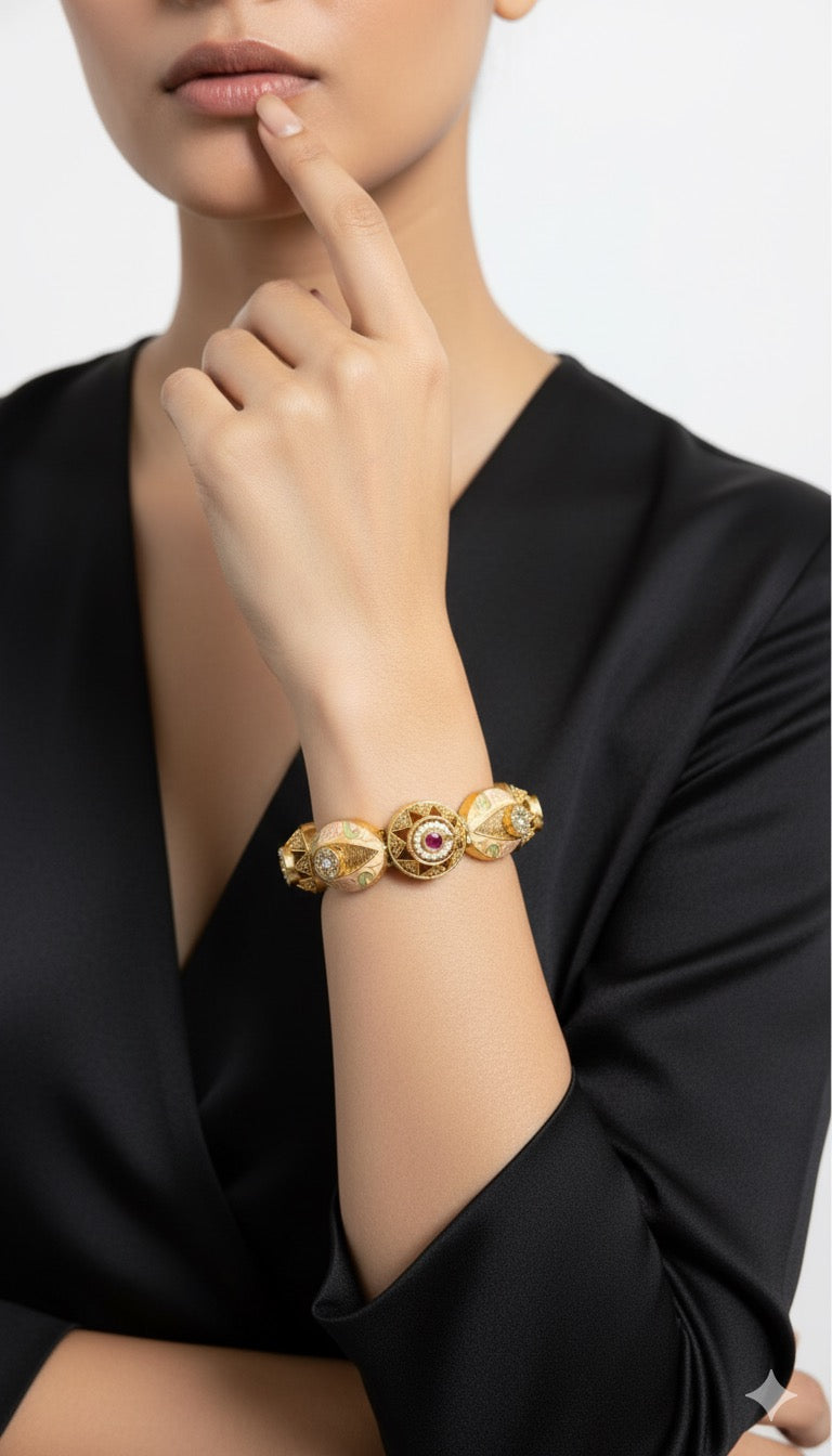 Royal Meenakari Gold Bangles – Ruby & Diamond Embellished (Set of 2)